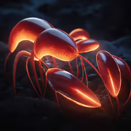 a group of orange glowing objects that are sitting on some rocks