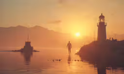 a person walking through a river with a small lighthouse