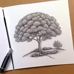a drawing of a tree has been drawn on the table,an opened book with a pencil drawing of a tree,an open book that has a tree and a pen on it,an open drawing book with the pages showing a tree,a drawing of a tree sitting on top of a book