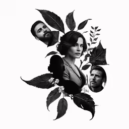 three people are surrounded by leaves on their faces