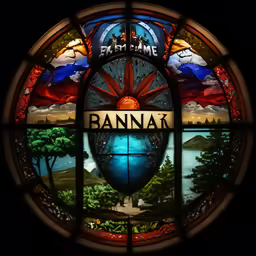 a close up of a stained glass window with an image of the logo of bannak