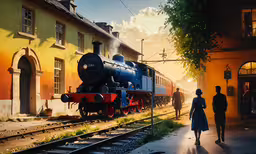 a train at the station as people look on,an old steam engine locomotive train pulling into the train station with its passengers