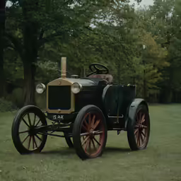 a vintage car that is parked in the grass