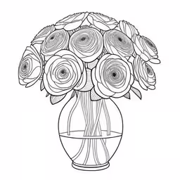 a vase with flowers on the table,a vase filled with flowers in the center of a white background,a vase filled with flowers on top of a table,black and white drawing of a vase full of flowers,the sketch of flowers in a vase is drawn with pencils