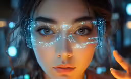 a woman with glasses on her face looking up at the camera