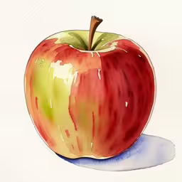 a red apple with green leaves and some brown stikt,this is a watercolor painting of an apple