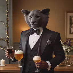 a man in a suit with a cat mask holding a pair of glasses