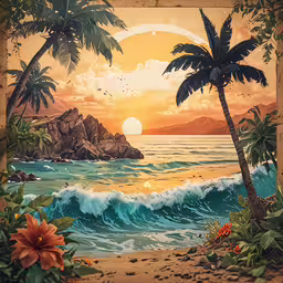 a painting of a beautiful tropical setting with palm trees and flowers,an abstract painting depicting the sun setting over the ocean
