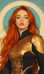 a woman with red hair and wearing gold