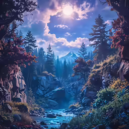 this painting shows a rocky river surrounded by trees