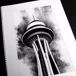 black and white photo of the space needle