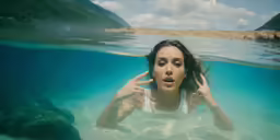 the young woman is swimming in the clear water