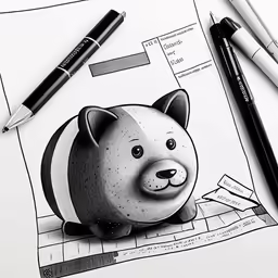 an animal - like figure sits next to some pens