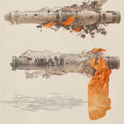 a painting shows a large airplane wing and the back end of it