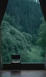 a chair in front of a window overlooking the forest