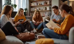 a group of women and men sitting on a couch with book in their hands