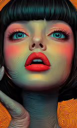 a woman with blue eyes and long bangs is shown with the image of herself being painted on