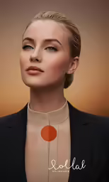 a woman in a suit with an orange dot on her collar