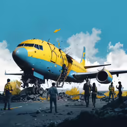 a blue and yellow airplane has some passengers around it