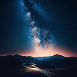 a night sky and the milky with a car driving down a road