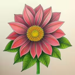 a flower with green leaves on it is drawn on a whiteboard,a drawing of a large pink flower with green leaves