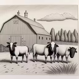 the black and white drawing depicts sheep in a farm,some sheep are standing on the side of the road near a barn