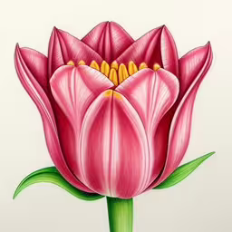 a drawing of a pink flower on a white sheet,a drawing of a pink flower in color,a flower drawing in colored pencil with watercolor pens,the pink flower is in colored pencil on white paper,a drawing of pink flower with green stems