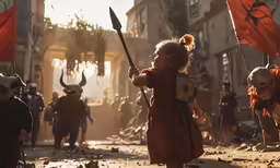 a girl in a red dress with a sword