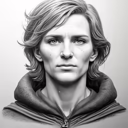 a black and white photo of a person with blonde hair