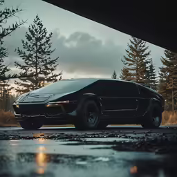 a black car sits near an underpass with trees in the background