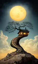 a painting of a house on the hill with a tree growing out of it