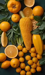 a picture of fresh produce including pumpkins, corn on the cob and oranges