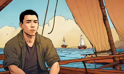 a man sitting on a boat looking to the side,man on boat with sailboat in background