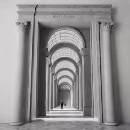 the arch at the end of a long hallway leads into a man walking down the aisle