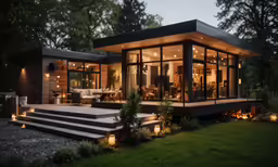 a modern modular home with lighted steps in front
