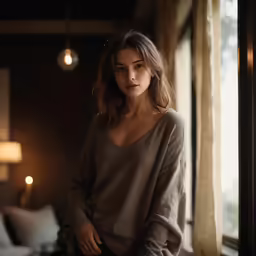 a beautiful young woman leaning against a window in a bedroom