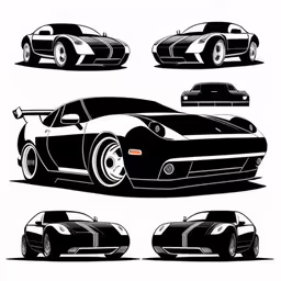 the various cars, in black and white,a black and white picture of some very pretty cars,the various car silhouettes are shown in black and white,four different types of sports cars,four different designs of the same car