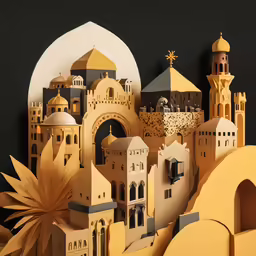paper cut architectural model of a city with multiple dome structure, yellow building, and white walls