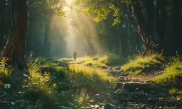 there is light streaming from the woods into a man in the distance