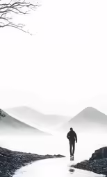 man in hooded sweatshirt walking towards mountain lake
