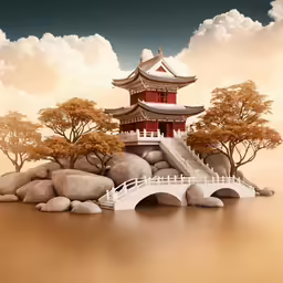 a bridge crossing over rocks to a pagoda and water