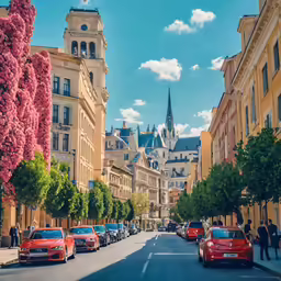 a row of parked cars on a street with tall buildings