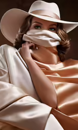 a woman poses in a white hat and tan dress