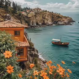 a small boat floating along the shore of a large lake