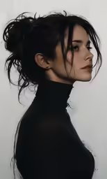 the woman is wearing black clothing and has her hair pulled back