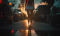a young woman walking down the street in the sunset
