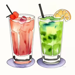 there are two drinks on this plate,two glasses of beverages with drinks are on the table,two glasses with different kinds of drinks,a couple of drinks that are sitting next to each other,two cocktails on the left hand side with limes on the right