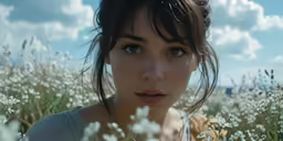 an attractive woman standing in tall grass by the ocean