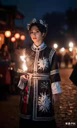 woman with lighted candle in hand standing outdoors at night