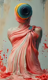 a painting shows a girl in an abstract head dress